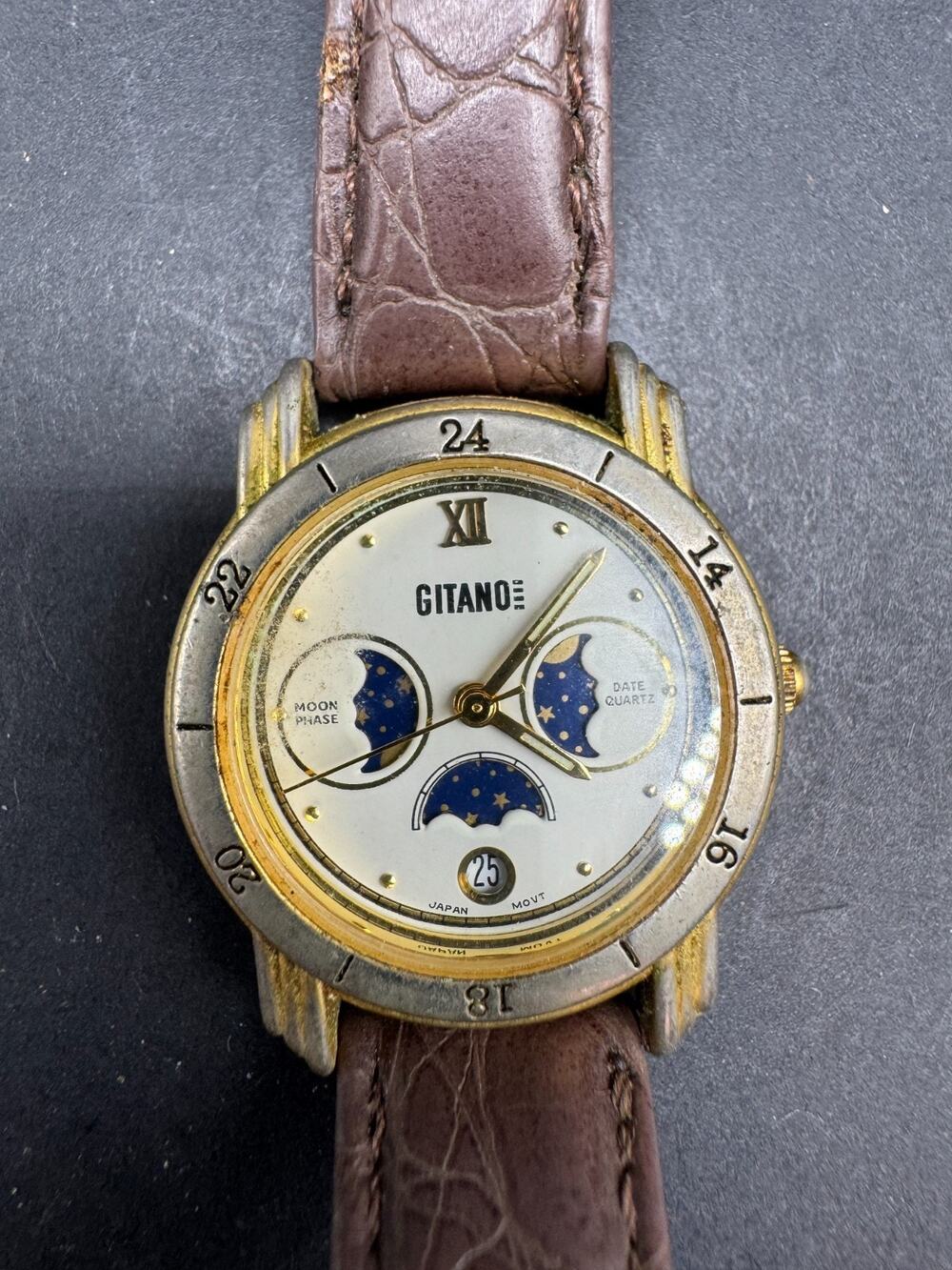 Gitano Men's Watch Moon Phase Date Quartz Two Tone Leather Brown Band 7414